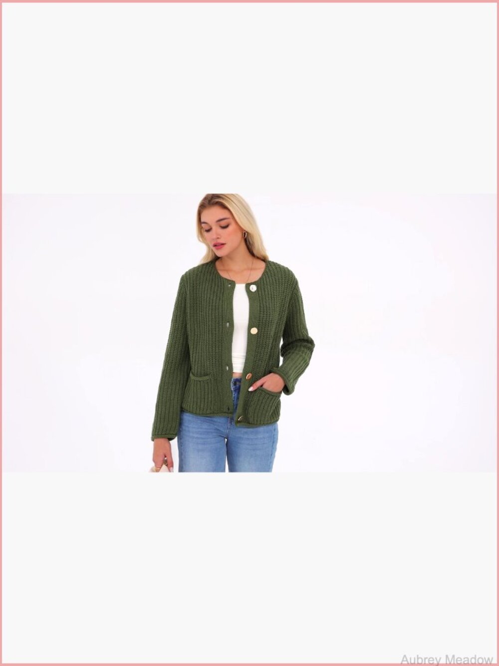 Oversized Chunky Knit Cardigan with Pockets Crewneck Button Up - Picture 7 of 7